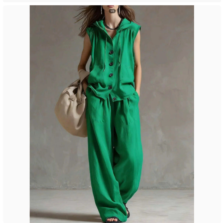 Sleeveless Loose Casual Hooded Top High-Waist Wide-Leg Pants Set