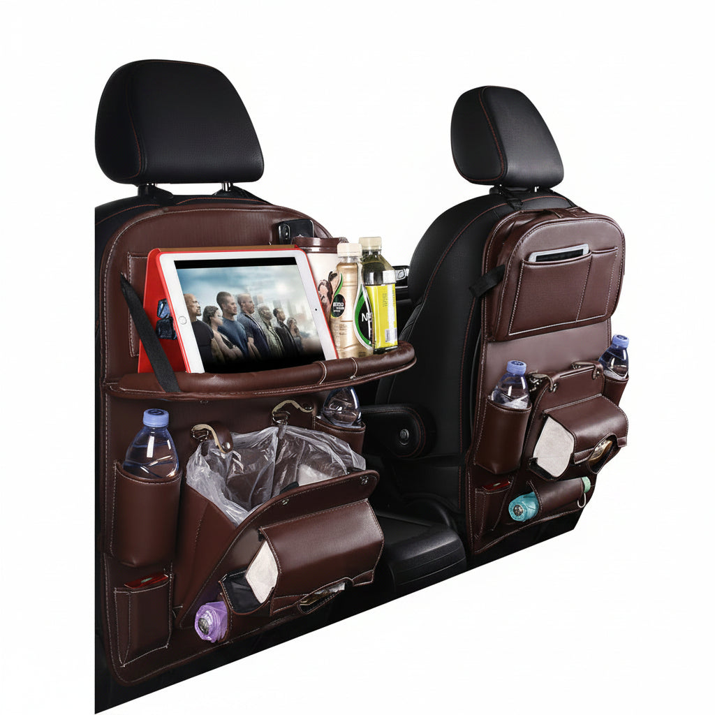 PU Leather Car Storage Bag Multifunction Seat Back Tray Hanging Bag Waterproof Car Organizer Automotive Interior Accessories