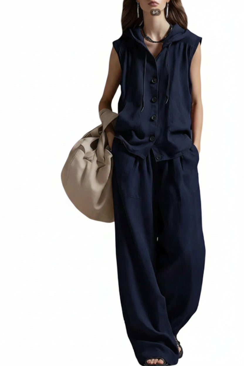 Sleeveless Loose Casual Hooded Top High-Waist Wide-Leg Pants Set