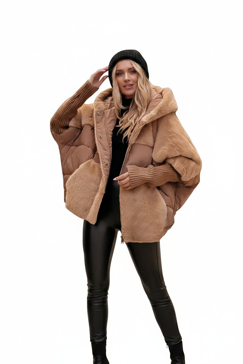 Women's Loose Cotton Coat Faux Fur Patchwork Winter Coat Comfort Chic Long Sleeve Hooded Jacket